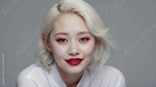 Albino young asian woman with red lips and makeup close up portrait in white clothes on grey studio background. White haired korean model