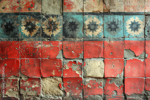 A cracked and faded mural with intricate patterns and designs