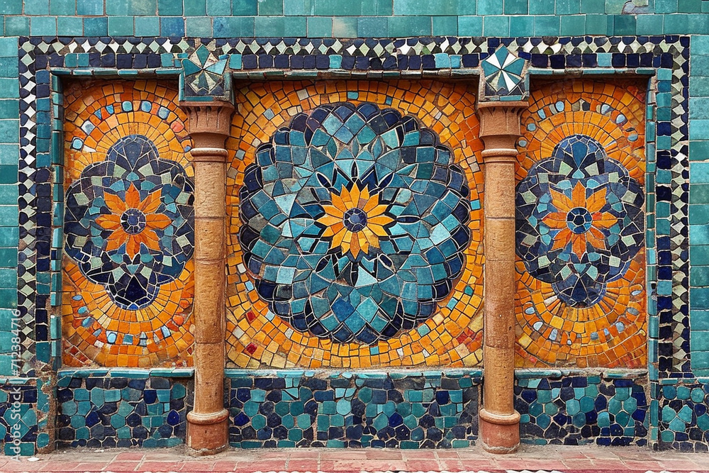 A tiled mosaic with intricate patterns and designs