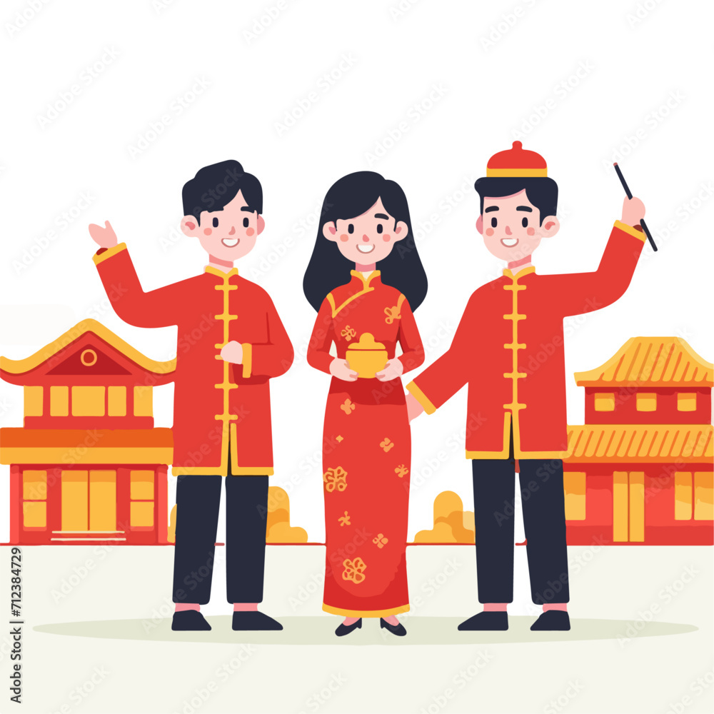 Illustration of people celebration Chinese new year. People celebrating Asian lunar holiday with oriental lanterns decoration