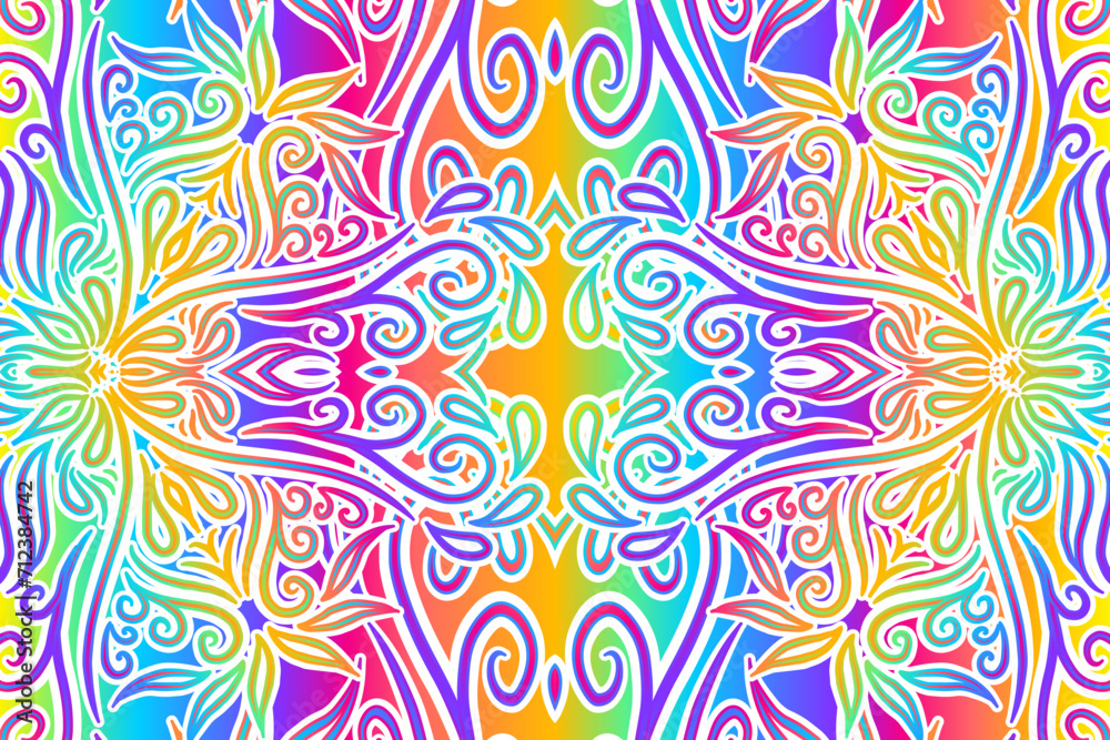 Beautiful colourful flower floral and leaf line art pattern of indonesian culture traditional tenun batik ethnic dayak background Beautiful colourful flower floral and leaf line art pattern of indonesian culture traditional tenun batik ethnic dayak background
