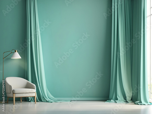 Aqua green empty wall in a room with silk curtain drapes. Template for product presentation. Living, gallery, studio, office concept, Mock-up 3D rendering. 