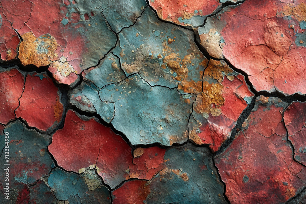 A cracked and peeling paint surface with intricate patterns of texture and color A cracked and peeling paint surface with intricate patterns of texture and color