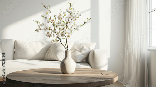  Vase with blossom twig on wooden coffee table near white sofa with pillows against window. Minimalist scandinavian home interior design of modern living room