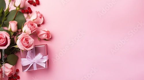 Gift box with pink roses on a pink background, top view with copy space. Banner poster valentine's day, Mothers day, wedding, birthday celebration