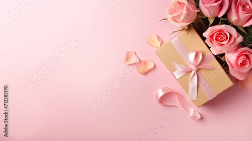 Gift box with pink roses on a pink background, top view with copy space. Banner poster valentine's day, Mothers day, wedding, birthday celebration © Ilmi