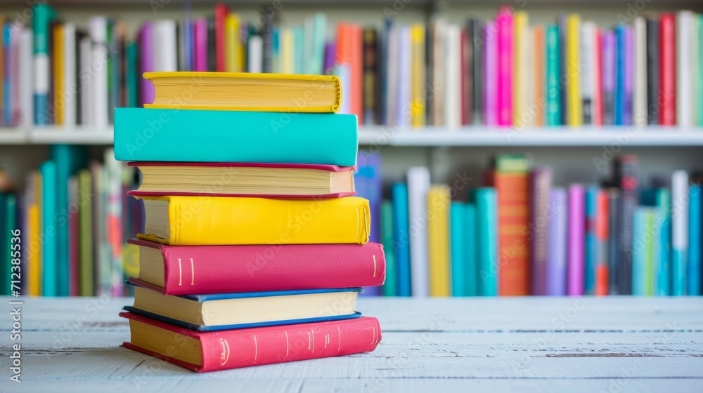 World book day. Concept of a collection of stack of books on reading desk in library study room. World book day. Concept of a collection of stack of books on reading desk in library study room.