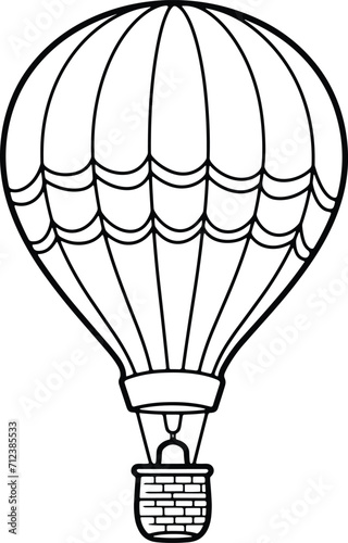 Hot air balloon coloring page for kids, black and white vector illustration line art of air vehicle