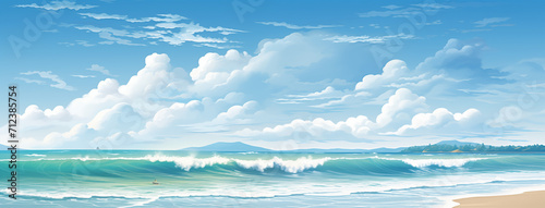 Ondas do mar chegando até a praia em um dia ensolarado com nuvens no ceu - Ilustarção photo
