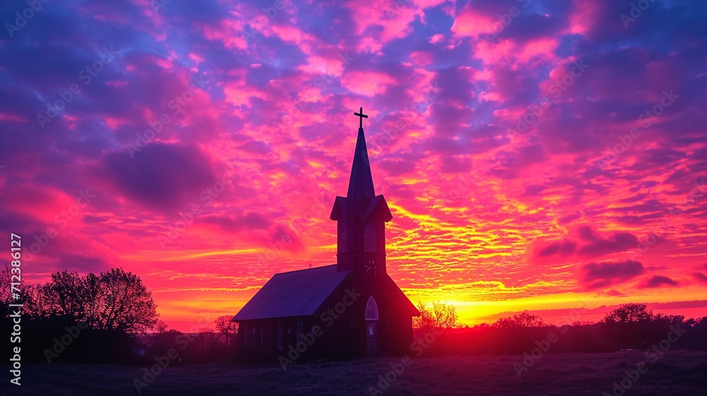 A silhouette of a cross-shaped church steeple rising into a colorful sunset sky, Christian cross, religious - obrazy, fototapety, plakaty 