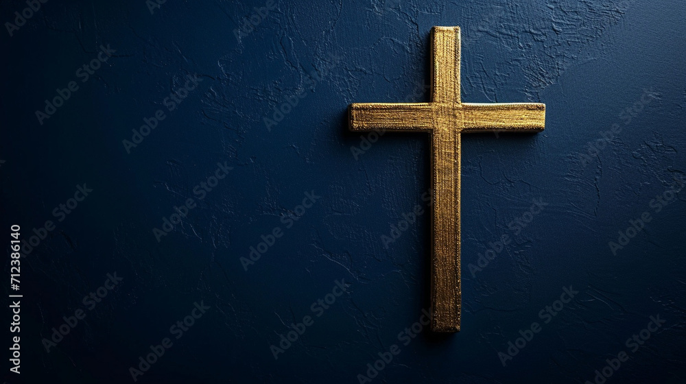 A minimalist Christian cross design in gold against a deep blue background, Christian cross, religious