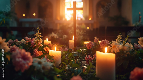 Fotografie, Tablou A candlelit altar with a cross adorned with fresh flowers, creating a serene rel