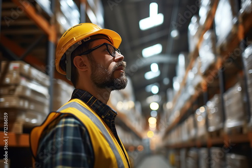 Warehouse worker, side view of an adult male in uniform and safety helmet working in a modern warehouse