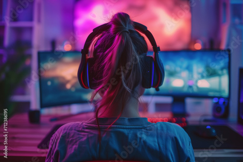 Professional gamer girl plays video games on a computer,, illustration for esports and gaming photo