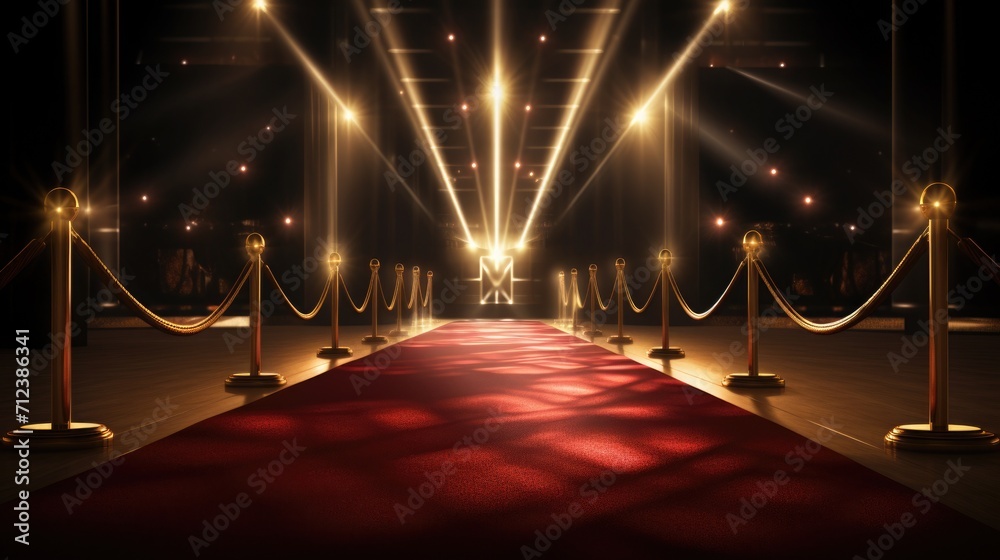 Red carpet in the light of golden spotlights. award and VIP party. velvet carpet. award and victory in cinema or music Red carpet in the light of golden spotlights. award and VIP party. velvet carpet. award and victory in cinema or music