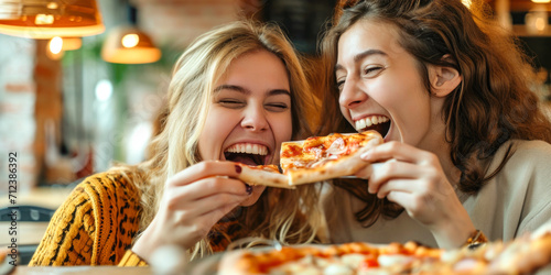 Two Friends Sharing Pizza with Joyful Laughter