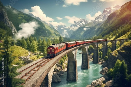 Train crossing stone bridge over river in mountains on sunny day. Generative AI