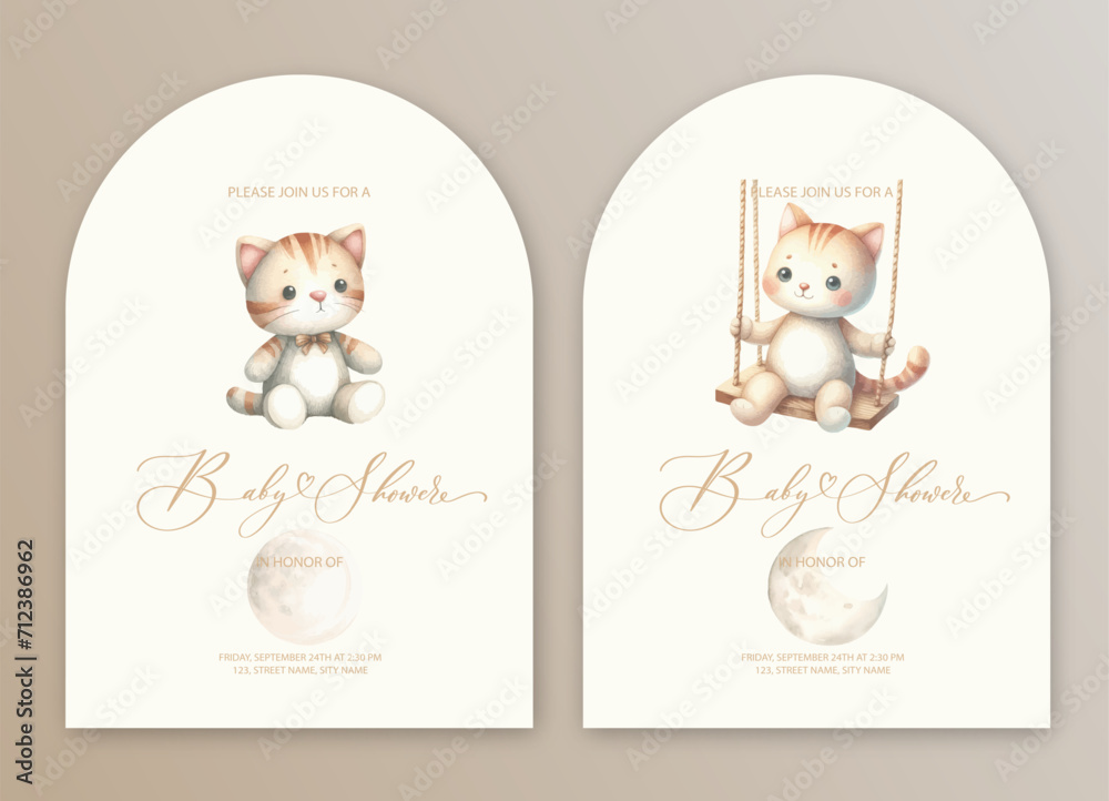 Cute baby shower watercolor invitation card for baby and kids new born celebration with kitten riding on a swing.
