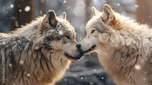 Two wolves touching noses with a snowy background. 