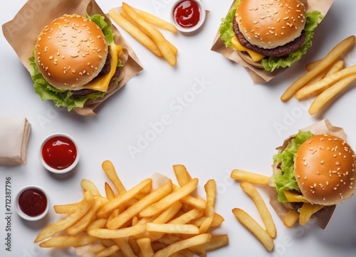 hamburger, french potato fries chips. Fast food take away. Top view with copy space