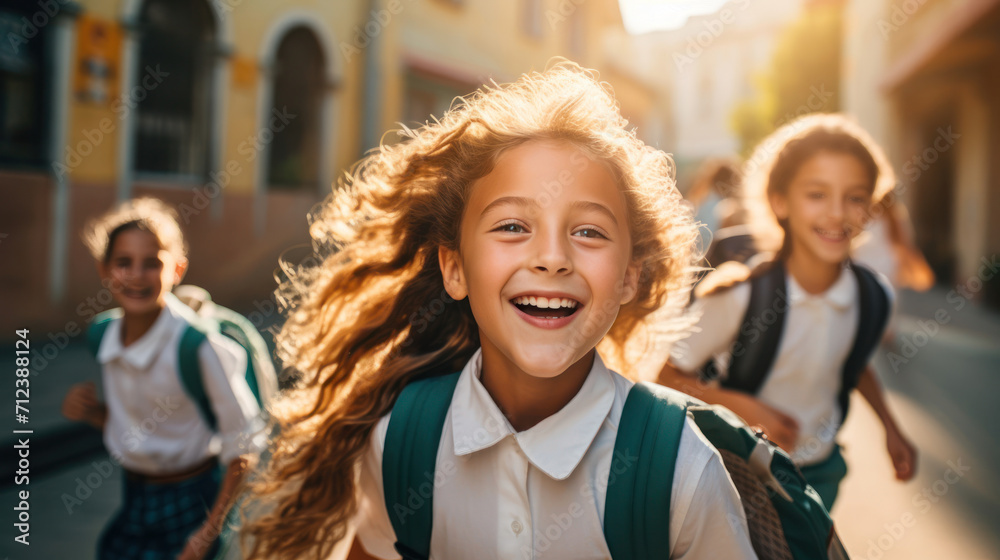 Fototapeta premium Bright smiles and youthful enthusiasm mark the journey to school for this group of friends
