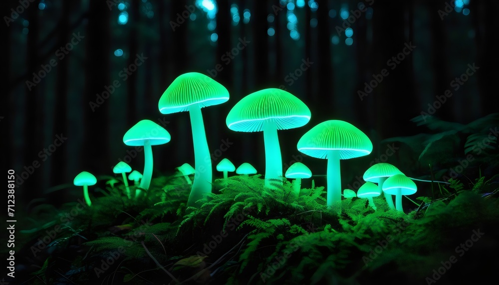 Fototapeta premium Bioluminescent mushrooms - green bioluminescent mushrooms glowing in a dark forest. Glowing neon mushrooms in a dark forest. Beauty of nature.