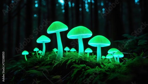 Bioluminescent mushrooms - green bioluminescent mushrooms glowing in a dark forest. Glowing neon mushrooms in a dark forest. Beauty of nature.