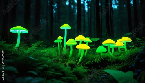 Bioluminescent mushrooms - green bioluminescent mushrooms glowing in a dark forest. Glowing neon mushrooms in a dark forest. Beauty of nature.
