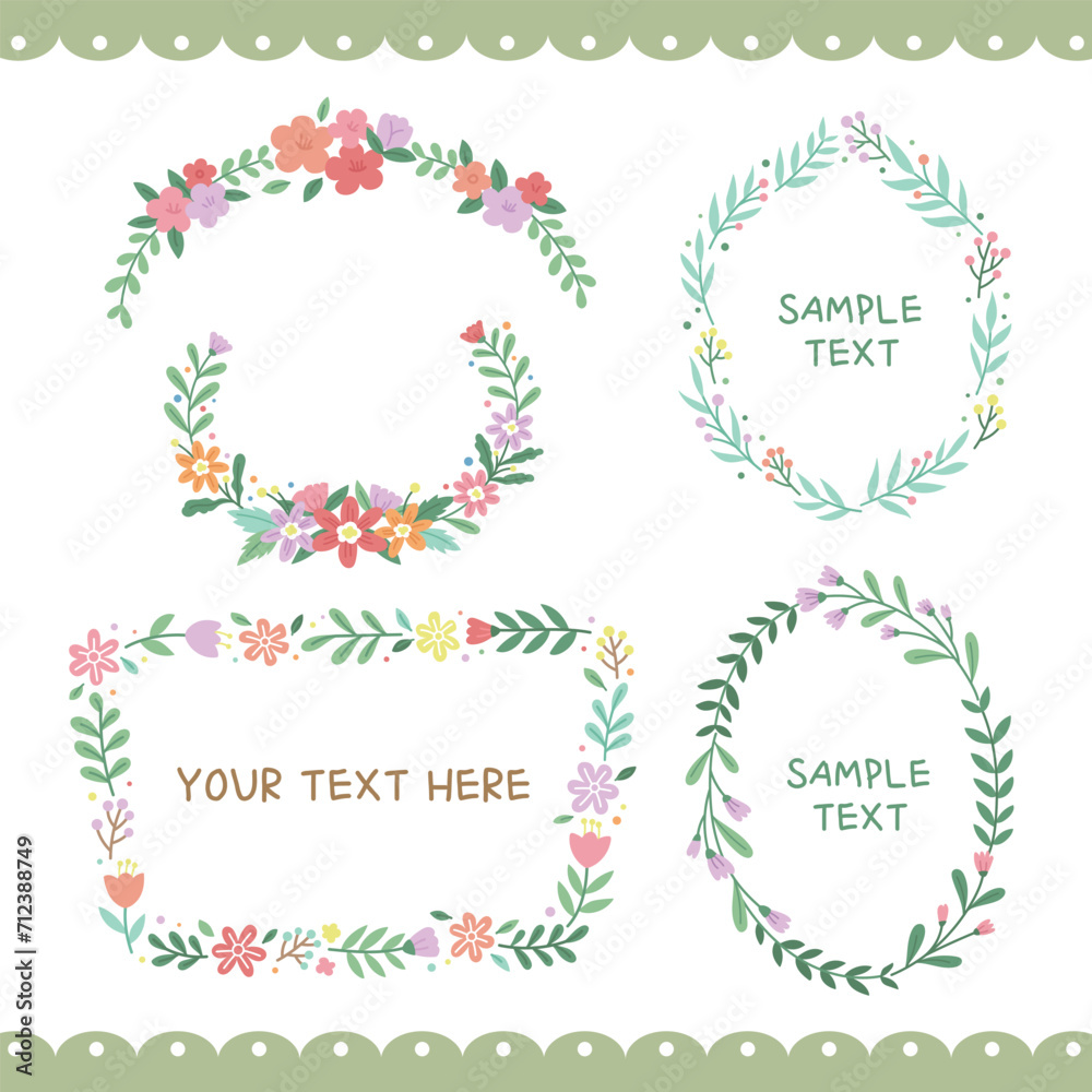 Set of floral frame with copy space for text. Borders flower and leaves wreaths for decoration invitation, wedding, birthday, greeting card. Elements for background, template, label, print
