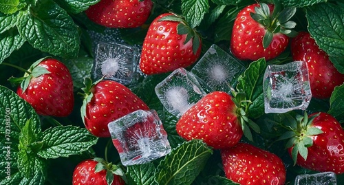 Fresh strawberries with ice cubes and mint leaves perfect for summer refreshment advertisements or culinary blogs photo