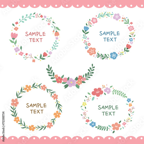 Set of floral frame with sample text. Flower and leaves wreaths and border for decoration invitation  wedding  birthday  greeting card. Elements for background  template  label  print