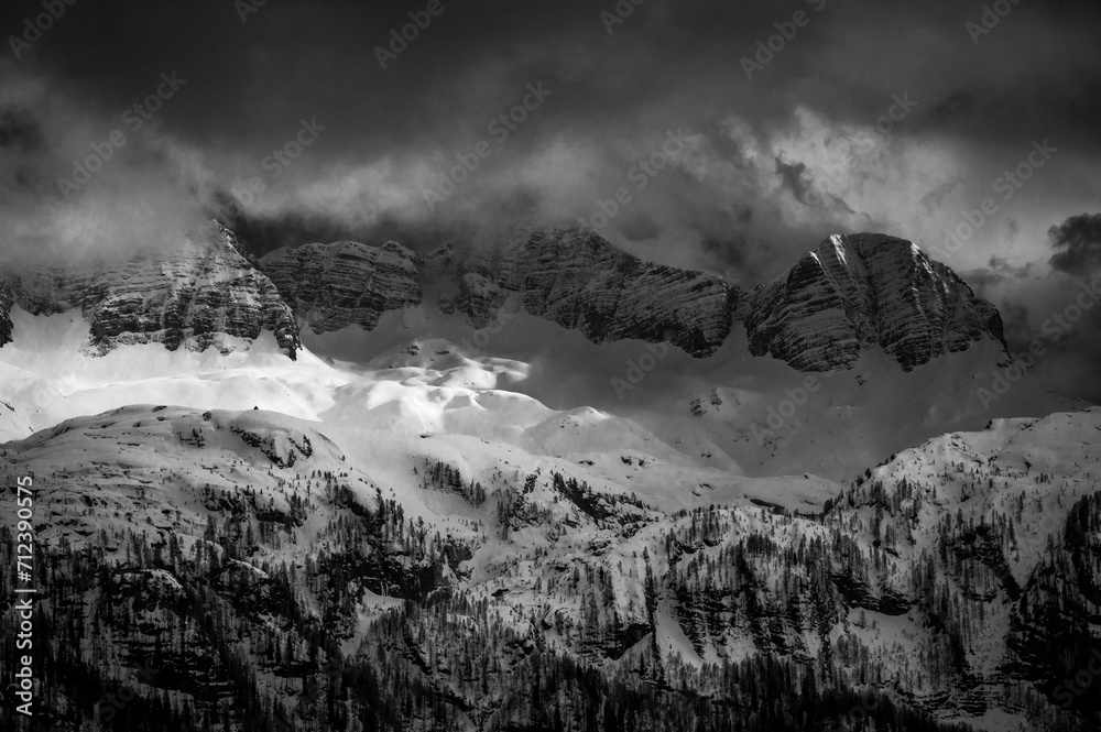 Snow on Mount Canin and Montasio. Black and white