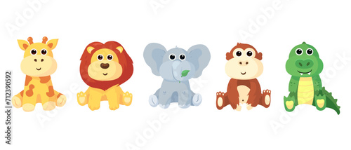 Cute flat vector illustration and pattern with giraffe,crocodile,monkey and lion.Illustration of the food these animals eat and coloring of these animals.