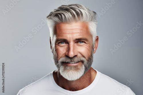 a closeup photo portrait of a handsome old mature man, with fresh stylish hair and beard with strong jawline. isolated on white background.