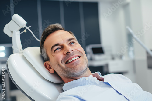 a photo of a handsome adult man client patient at a dental clinic. cleaning and repairing teeth at a dentist doctor. laying on the orthodontic dental chair.