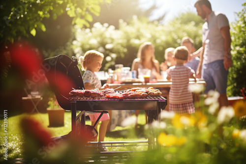 a photo of a family and friends having a picnic barbeque grill in the garden. having fun eating and enjoying time. sunny day in the summer. blur background.