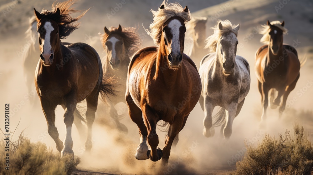 Horses free run on desert storm against sunset sky. Neural network AI generated art Horses free run on desert storm against sunset sky. Neural network AI generated art