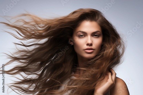 closeup of beautiful young female model woman shaking her beautiful hair in motion. ad for shampoo conditioner hair products. isolated on white background