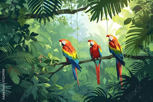 Illustration of a tropical rainforest with parrots. © Areesha