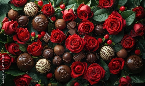 bouquet of red roses with roses and chocolates photo