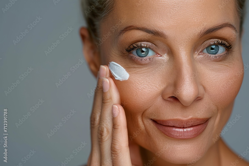 Close-up photo of adult woman touching her skin, she applies moisturizing cream balm. Cosmetology, plastic surgery, healthy lifestyle. Radiant skin. Advertising of cream, skin health products