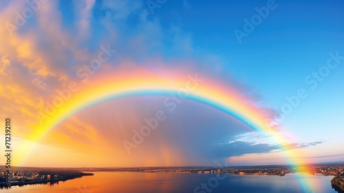 Beauty rainbow in storm cloud above autumn field landscape. Weather, nature background. © PaulShlykov