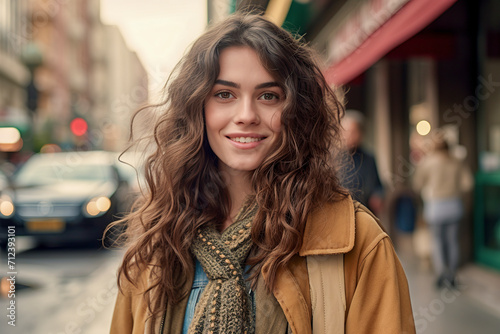 yhoung smiling pretty woman in a multicolored scarf and coat stands on a city street with cars and buildings, ai generative photo