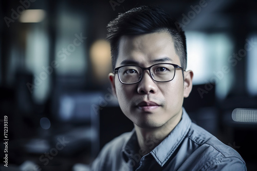 Asian executive man with glasses in modern office, ai generative