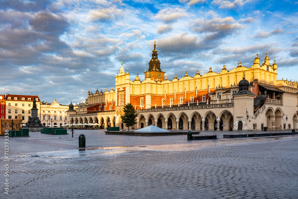 Cloth hall in Cracow, Poland market square, old town at sunrise