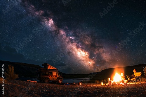 panorama shot of a family sitting at a bonfire under the milky way with a camping truck