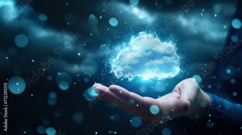 Digital cloud computing logo show on hand Businessman . Cloud technology. Data storage