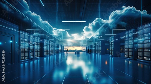 Cloud technology, Feature a futuristic server room or data center with scalable clouds photo