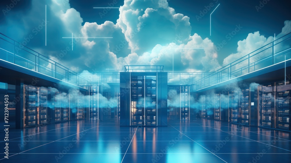 Cloud technology, Feature a futuristic server room or data center with scalable clouds - obrazy, fototapety, plakaty 