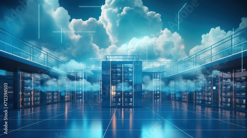 Cloud technology, Feature a futuristic server room or data center with scalable clouds